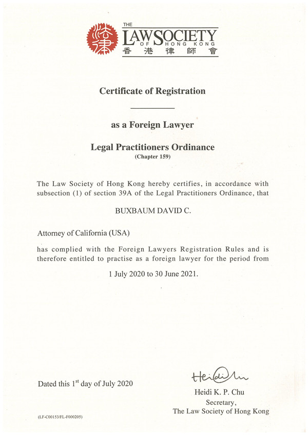 David C. Buxbaum's Hong Kong Certificate of Registration as a Foreign